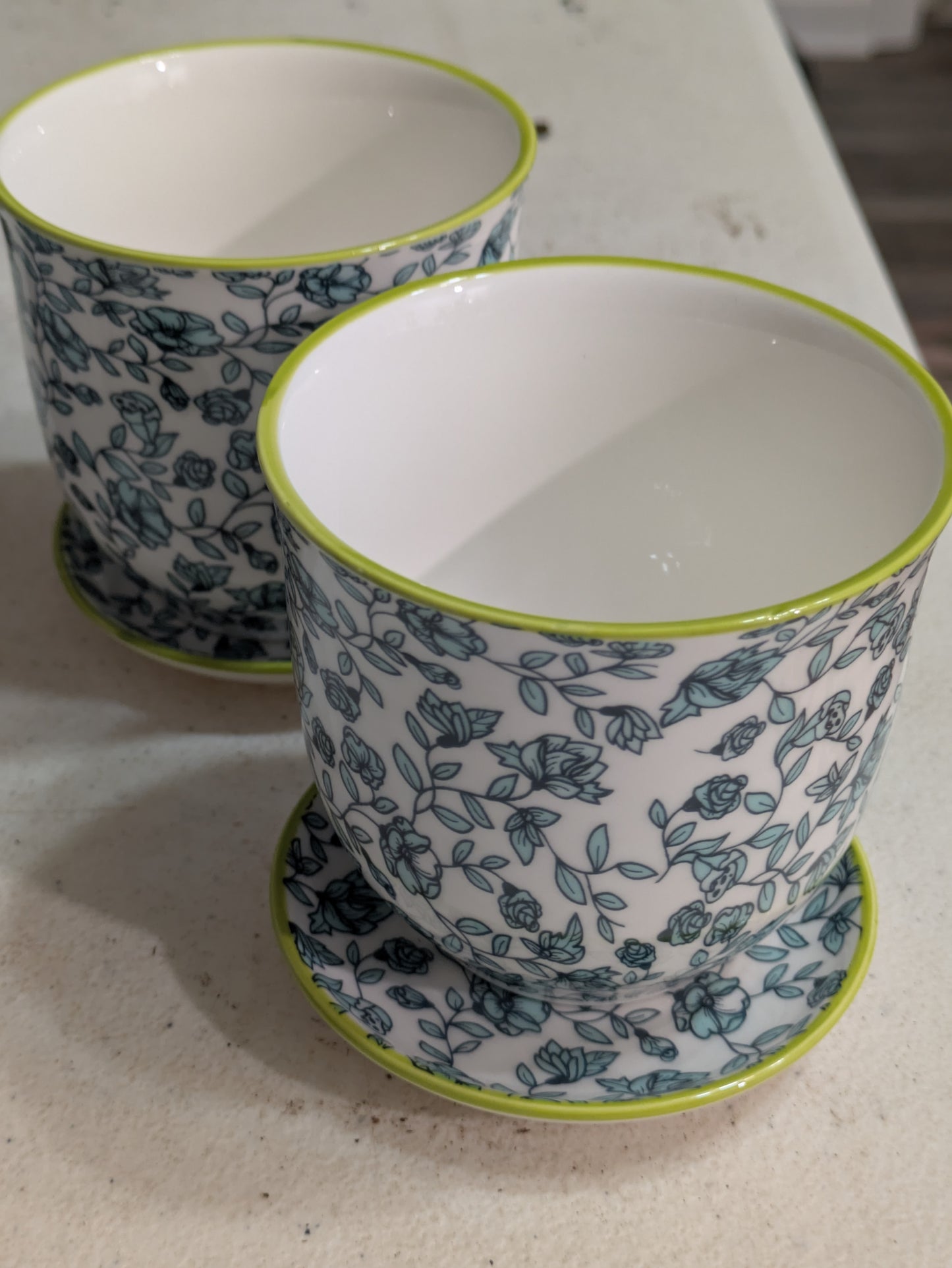 3.5" Porcelain Planter Floral Blue & Lime Green