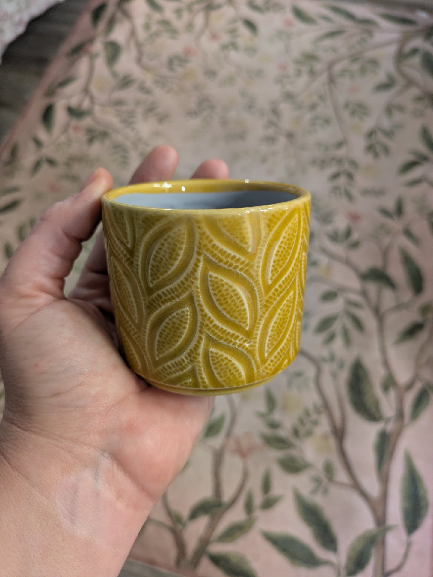 Embossed Ceramic Mustard Yellow Planter Pot 3"
