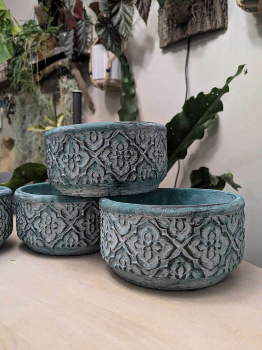 Turquoise Finish Concrete Planter Pottery 6" Wide Short